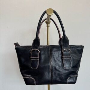 Nordstrom Black Leather Pink Stitching Double Handle Small Handbag Purse Mod‎